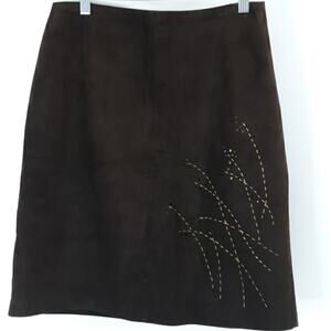 Ann‎ Taylor LOFT Brown Leather Suede Skirt Size 8P Embroidery & Eyelet Accents